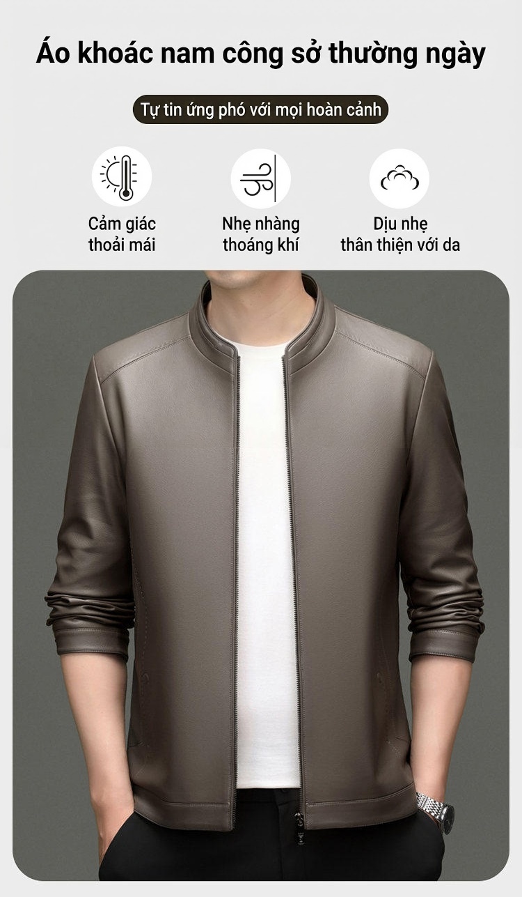 Áo Khoác Da Nam Da Bóng Kiểu Bomber Cổ Trụ Khóa Kéo Màu Đen, Nâu, Xám chi tiết 1