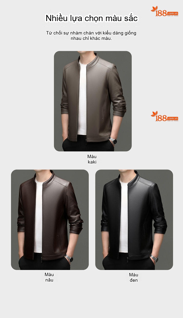 Áo Khoác Da Nam Da Bóng Kiểu Bomber Cổ Trụ Khóa Kéo Màu Đen, Nâu, Xám chi tiết 4