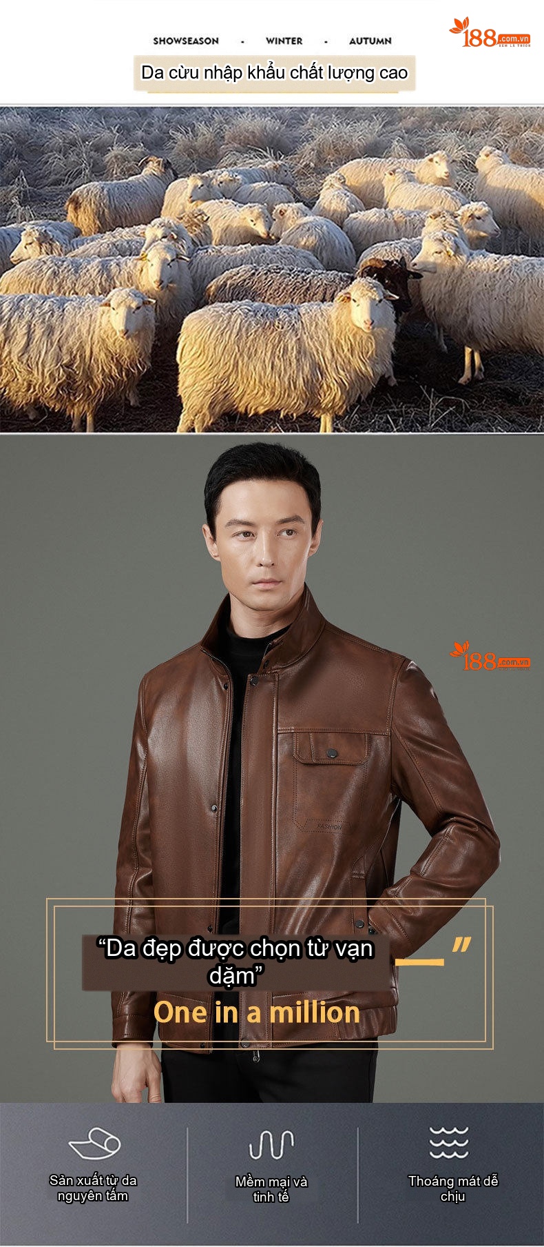 Áo Khoác Da Nam Da Cừu Cổ Trụ Kiểu Dáng Doanh Nhân Màu Đen, Nâu chi tiết 4