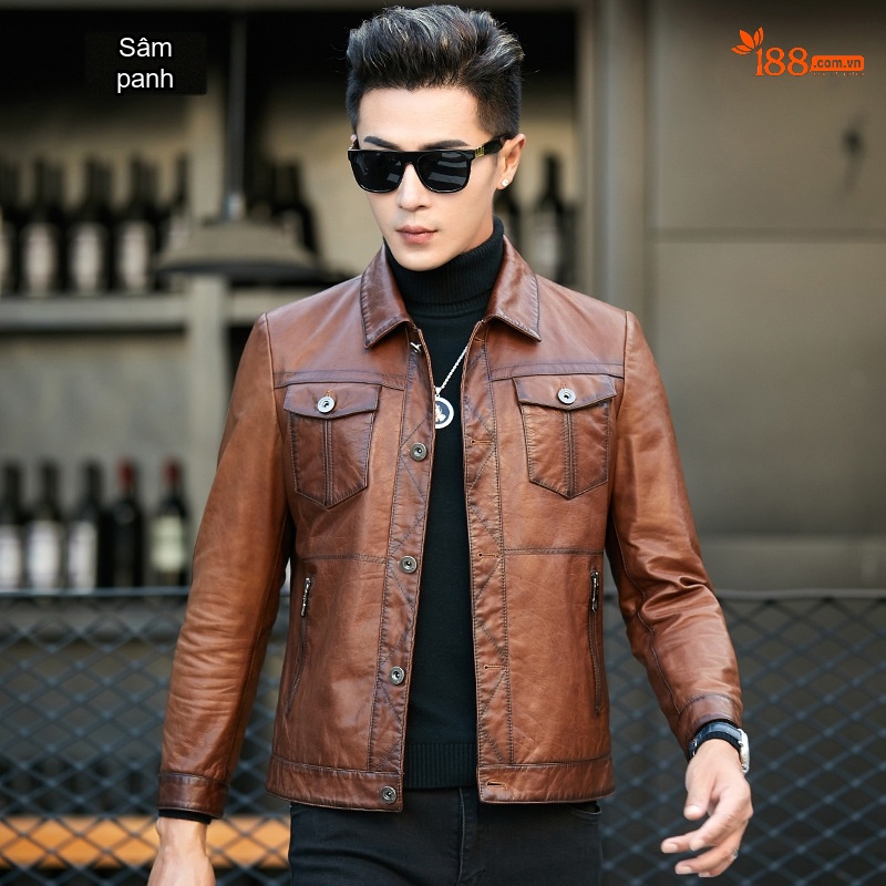 Áo Khoác Da Nam Da Cừu Dầu Sáp Ngắn Tay Dài Màu Nâu