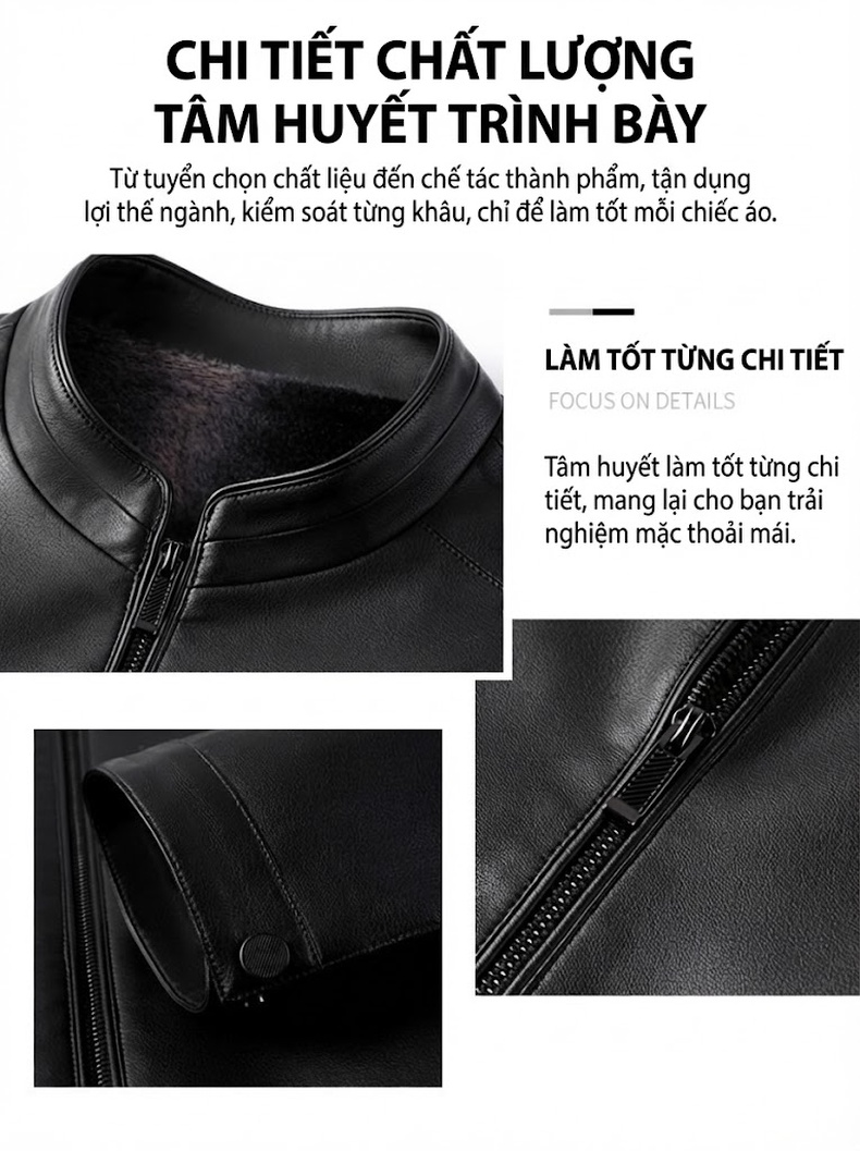 Áo Khoác Da Nam Da PU Lót Lông Cổ Trụ Khóa Kéo Giữ Ấm Màu Đen chi tiết 4