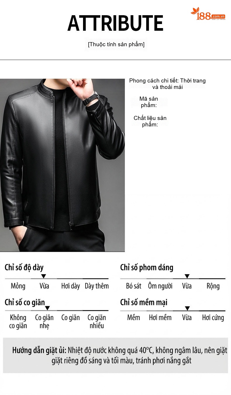 Áo Khoác Da Nam Da PU Lót Lông Cổ Trụ Khóa Kéo Giữ Ấm Màu Đen chi tiết 5