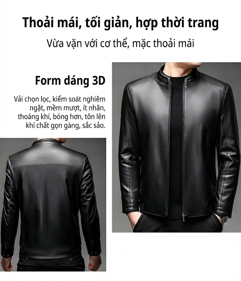Áo Khoác Da Nam Da PU Lót Lông Cổ Trụ Khóa Kéo Giữ Ấm Màu Đen chi tiết 3