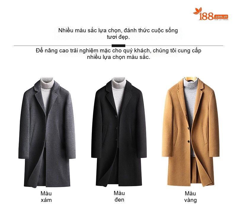 Áo Khoác Dạ Nam Dáng Dài 100% Lông Cừu Khuy Cài Màu Đen, Nâu, Xám chi tiết 3