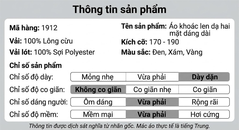 Áo Khoác Dạ Nam Dáng Dài 100% Lông Cừu Khuy Cài Màu Đen, Nâu, Xám chi tiết 10