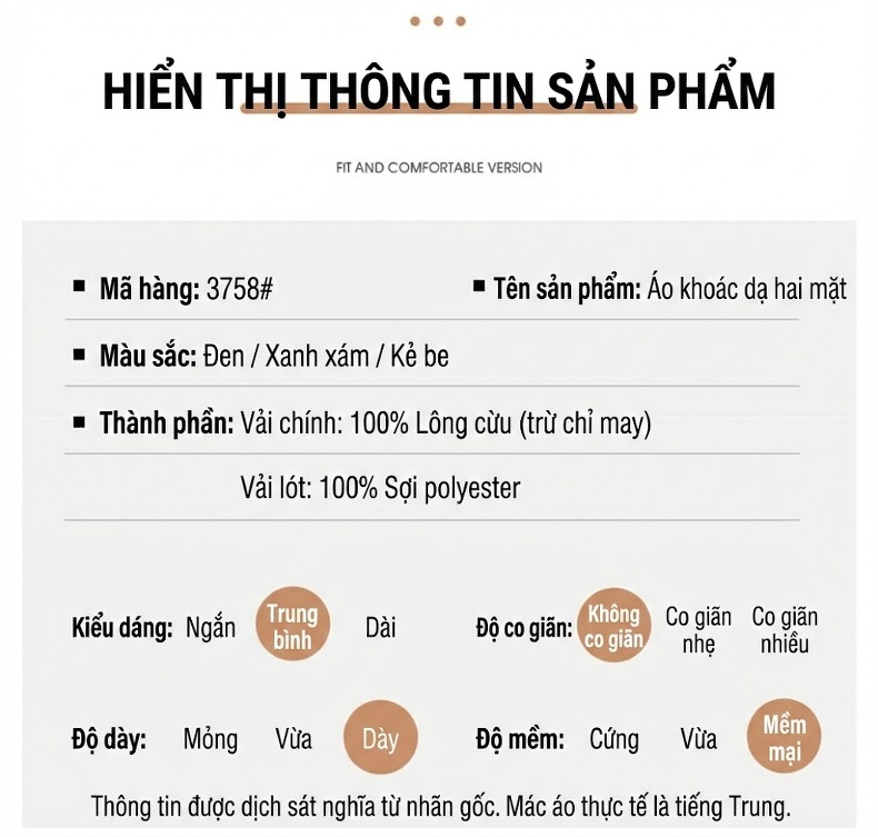 Áo Khoác Dạ Nam Dáng Dài 100% Lông Cừu Màu Nâu, Xám, Đen chi tiết 13