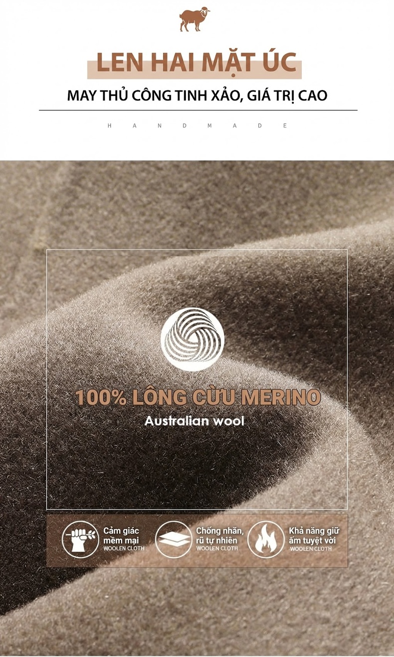Áo Khoác Dạ Nam Dáng Dài 100% Lông Cừu Màu Nâu, Xám, Đen chi tiết 4
