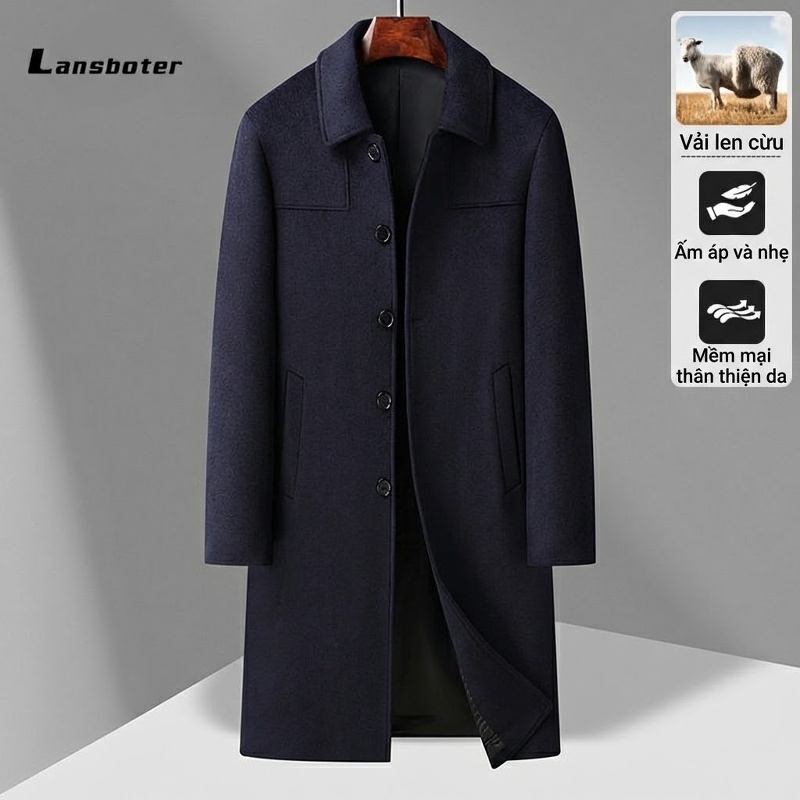 Áo Khoác Dạ Nam Dáng Dài Cổ Bẻ Lót Lông Cừu Cashmere Màu Đen, Xám, Xanh Navy