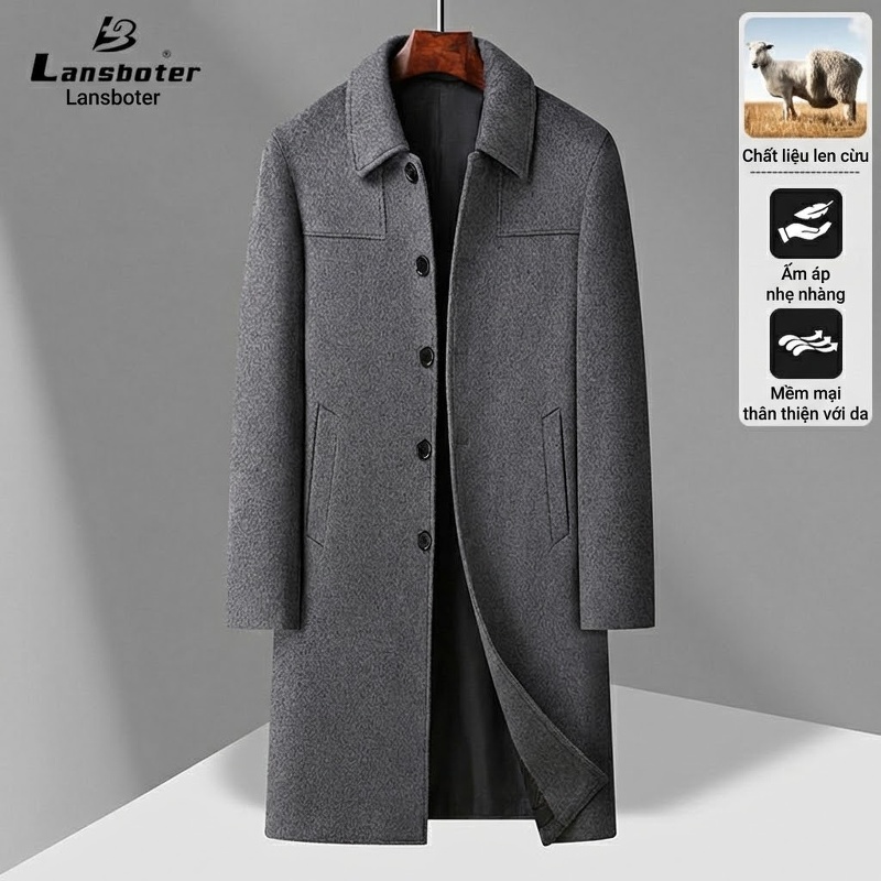 Áo Khoác Dạ Nam Dáng Dài Cổ Bẻ Lót Lông Cừu Cashmere Màu Đen, Xám, Xanh Navy