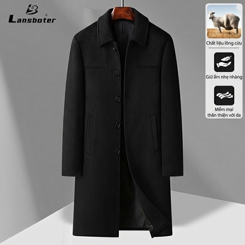 Áo Khoác Dạ Nam Dáng Dài Cổ Bẻ Lót Lông Cừu Cashmere Màu Đen, Xám, Xanh Navy
