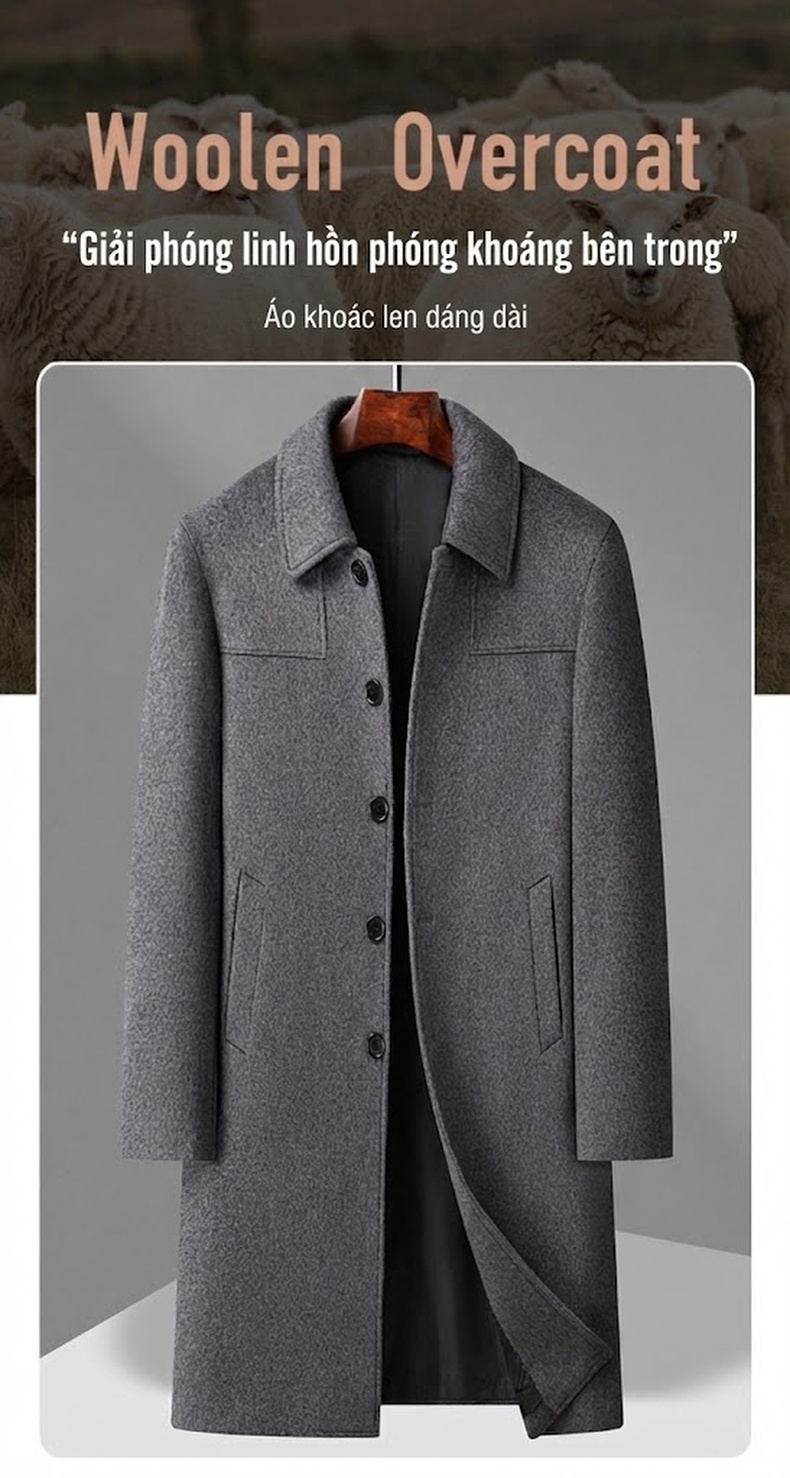 Áo Khoác Dạ Nam Dáng Dài Cổ Bẻ Lót Lông Cừu Cashmere Màu Đen, Xám, Xanh Navy chi tiết 1