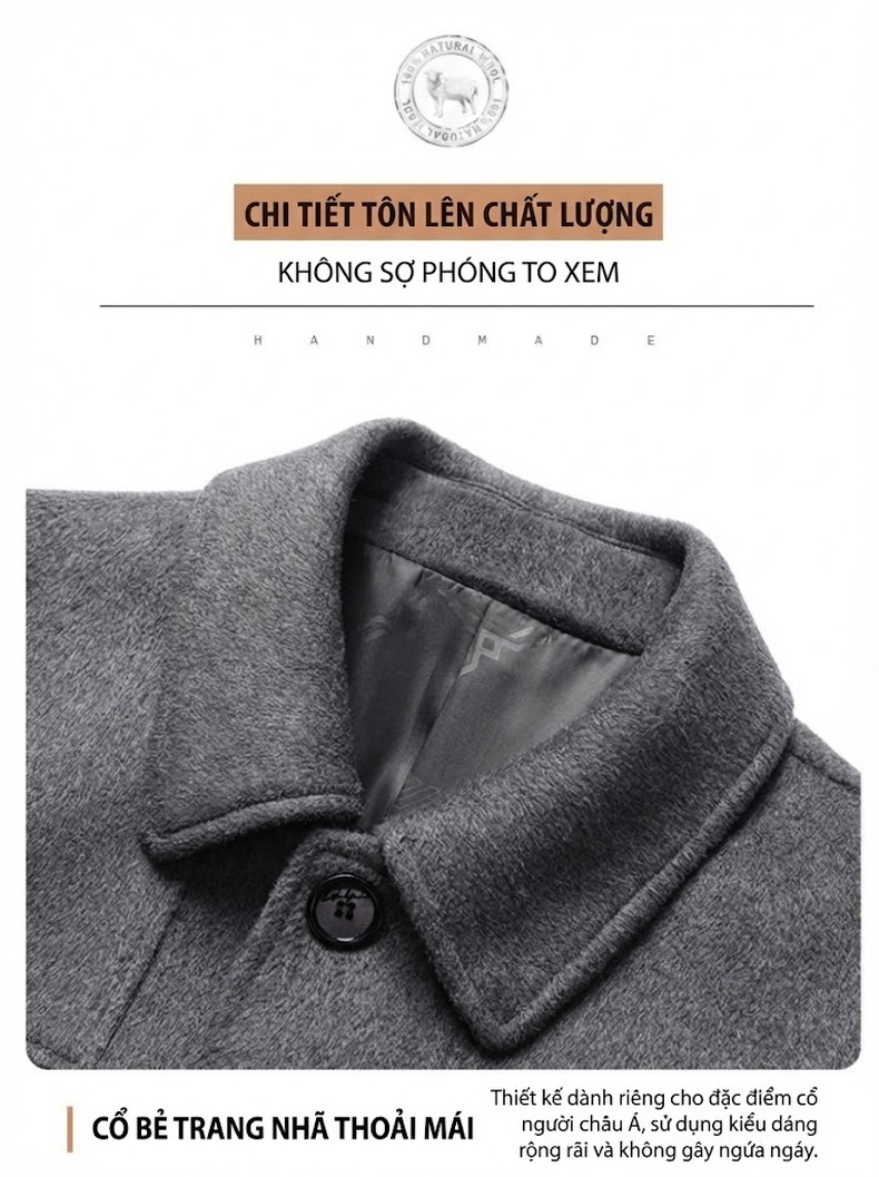Áo Khoác Dạ Nam Dáng Dài Cổ Bẻ Lót Lông Cừu Cashmere Màu Đen, Xám, Xanh Navy chi tiết 6