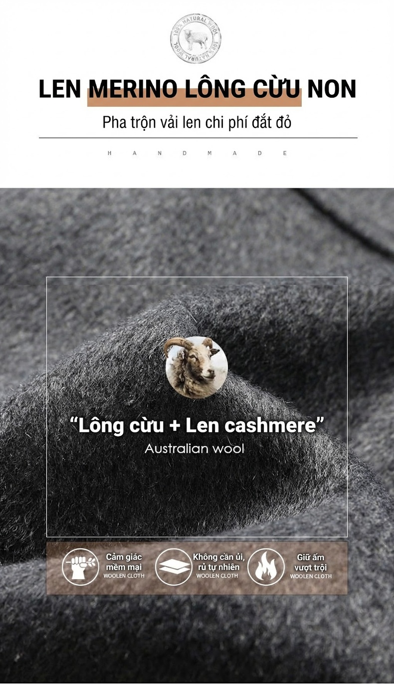 Áo Khoác Dạ Nam Dáng Dài Cổ Bẻ Lót Lông Cừu Cashmere Màu Đen, Xám, Xanh Navy chi tiết 2