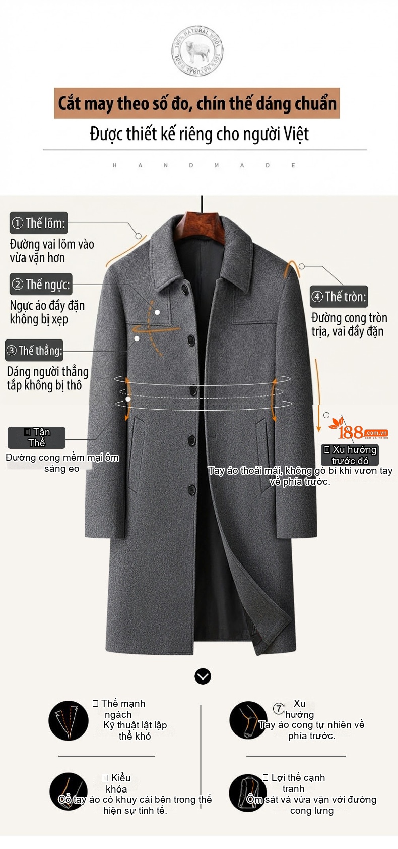 Áo Khoác Dạ Nam Dáng Dài Cổ Bẻ Lót Lông Cừu Cashmere Màu Đen, Xám, Xanh Navy chi tiết 4