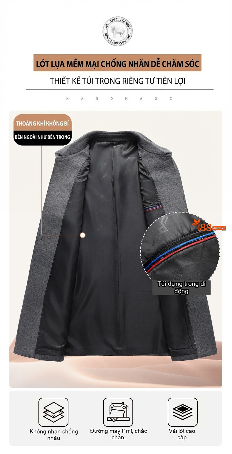 Áo Khoác Dạ Nam Dáng Dài Cổ Bẻ Lót Lông Cừu Cashmere Màu Đen, Xám, Xanh Navy chi tiết 5