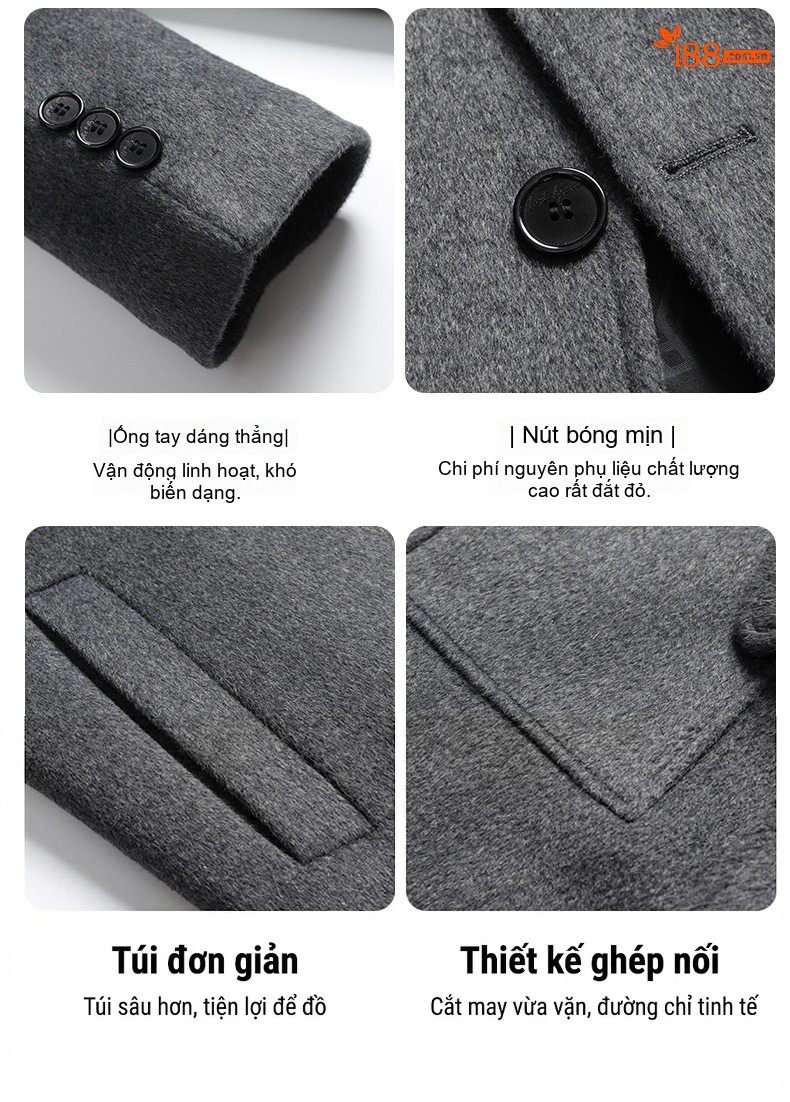 Áo Khoác Dạ Nam Dáng Dài Cổ Bẻ Lót Lông Cừu Cashmere Màu Đen, Xám, Xanh Navy chi tiết 7