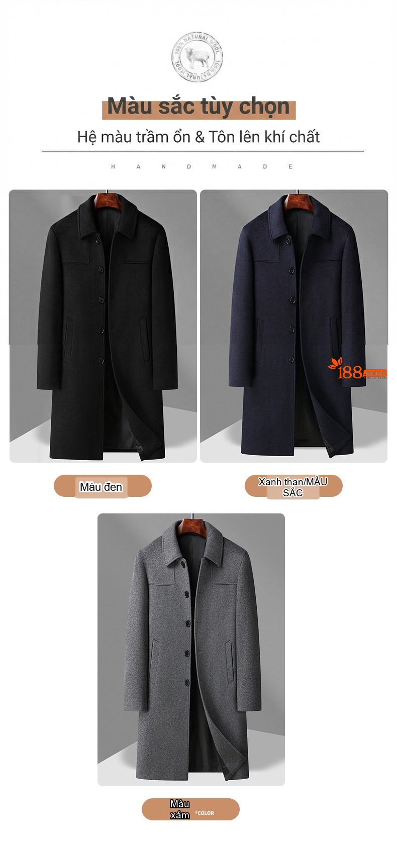 Áo Khoác Dạ Nam Dáng Dài Cổ Bẻ Lót Lông Cừu Cashmere Màu Đen, Xám, Xanh Navy chi tiết 8