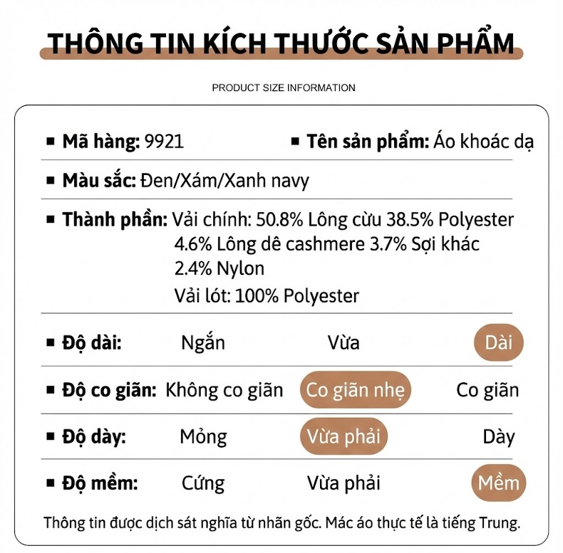 Áo Khoác Dạ Nam Dáng Dài Cổ Bẻ Lót Lông Cừu Cashmere Màu Đen, Xám, Xanh Navy chi tiết 9