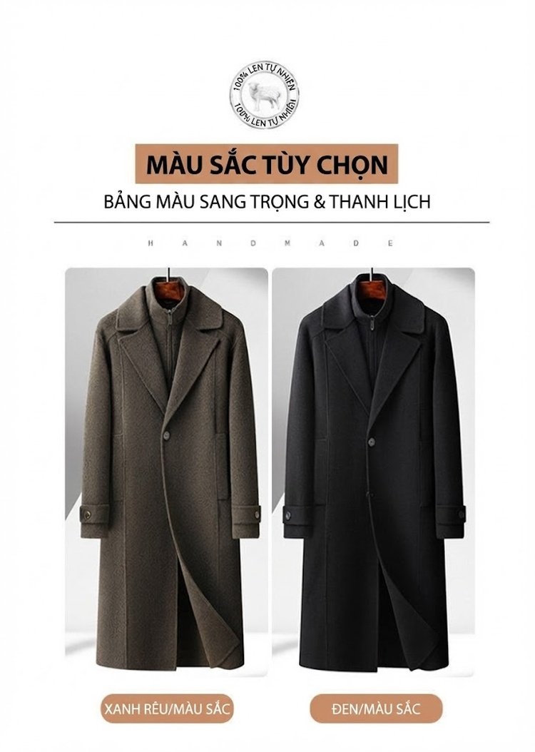 Áo Khoác Dạ Nam Dáng Dài Cổ chữ Vest Hai Lớp Lông Cừu Màu Đen, Nâu chi tiết 1
