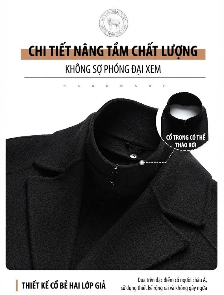 Áo Khoác Dạ Nam Dáng Dài Cổ chữ Vest Hai Lớp Lông Cừu Màu Đen, Nâu chi tiết 6