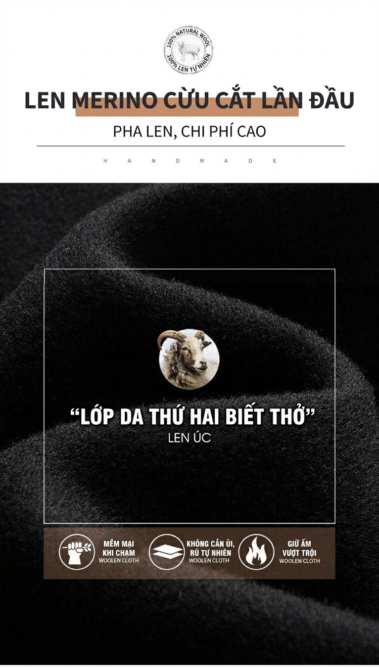 Áo Khoác Dạ Nam Dáng Dài Cổ chữ Vest Hai Lớp Lông Cừu Màu Đen, Nâu chi tiết 8