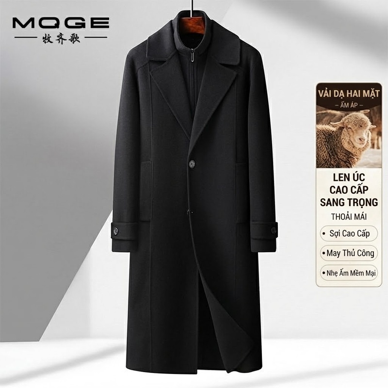 Áo Khoác Dạ Nam Dáng Dài Cổ chữ Vest Hai Lớp Lông Cừu Màu Đen, Nâu