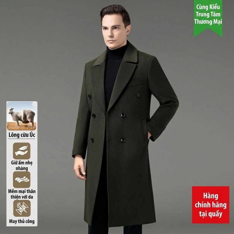 Áo Khoác Dạ Nam Dáng Dài Cổ chữ Vest Lông Cừu Màu Đen, Nâu, Xanh Navy, Xanh Rêu
