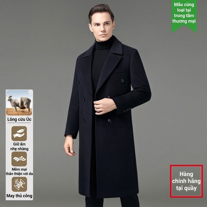 Áo Khoác Dạ Nam Dáng Dài Cổ chữ Vest Lông Cừu Màu Đen, Nâu, Xanh Navy, Xanh Rêu