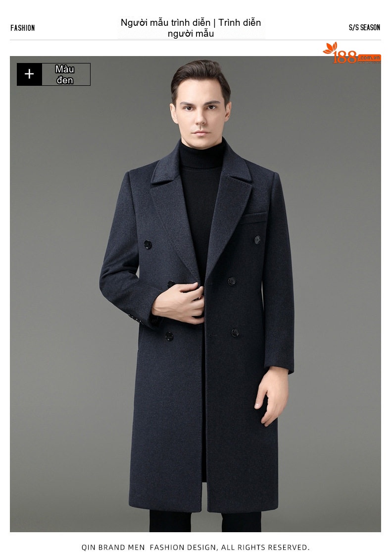 Áo Khoác Dạ Nam Dáng Dài Cổ chữ Vest Lông Cừu Màu Đen, Nâu, Xanh Navy, Xanh Rêu chi tiết 11