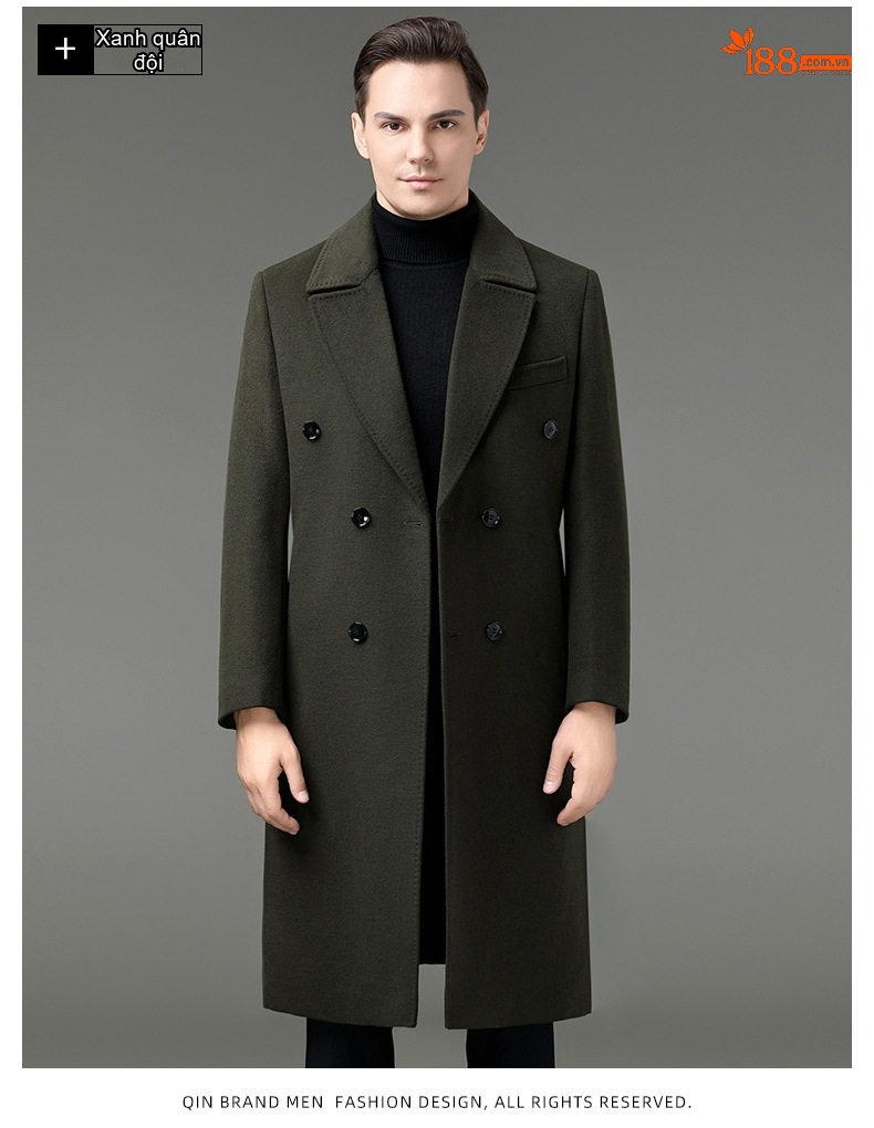 Áo Khoác Dạ Nam Dáng Dài Cổ chữ Vest Lông Cừu Màu Đen, Nâu, Xanh Navy, Xanh Rêu chi tiết 15