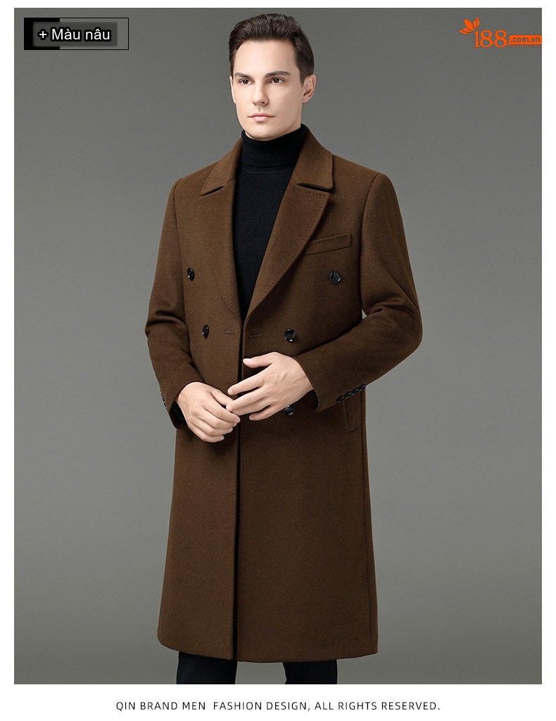 Áo Khoác Dạ Nam Dáng Dài Cổ chữ Vest Lông Cừu Màu Đen, Nâu, Xanh Navy, Xanh Rêu chi tiết 19