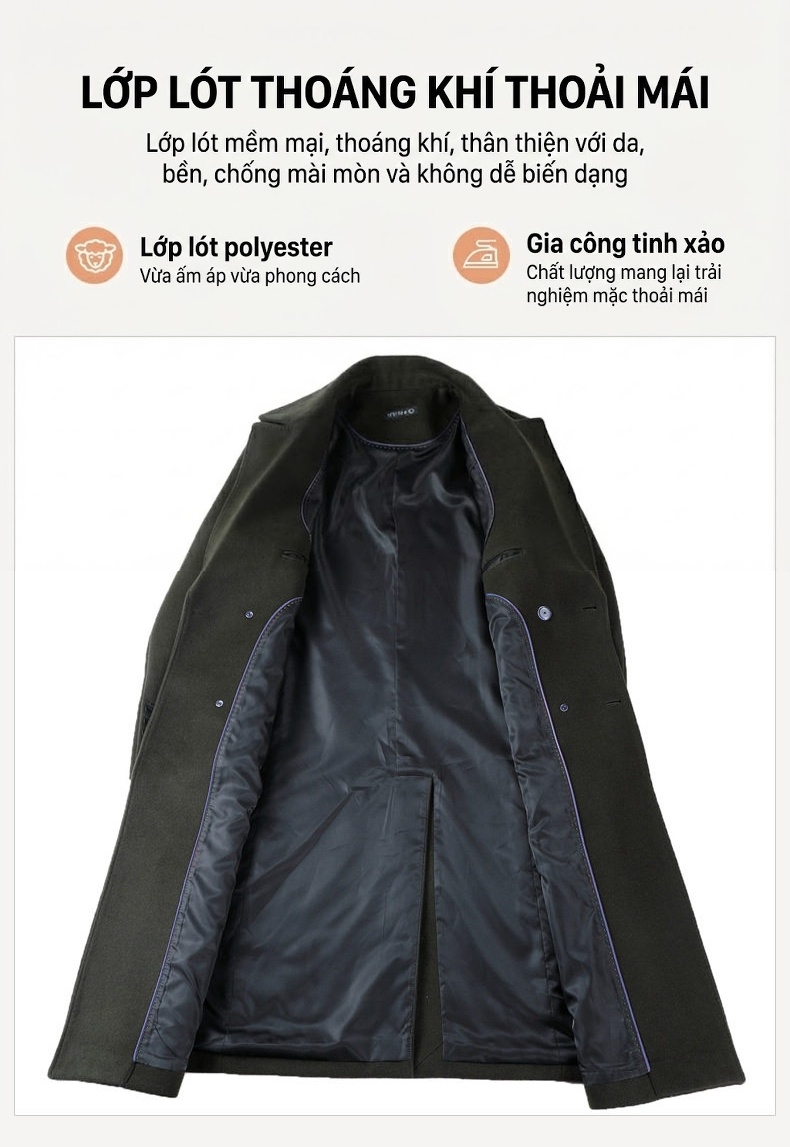 Áo Khoác Dạ Nam Dáng Dài Cổ chữ Vest Lông Cừu Màu Đen, Nâu, Xanh Navy, Xanh Rêu chi tiết 5