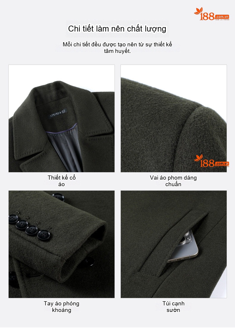 Áo Khoác Dạ Nam Dáng Dài Cổ chữ Vest Lông Cừu Màu Đen, Nâu, Xanh Navy, Xanh Rêu chi tiết 7