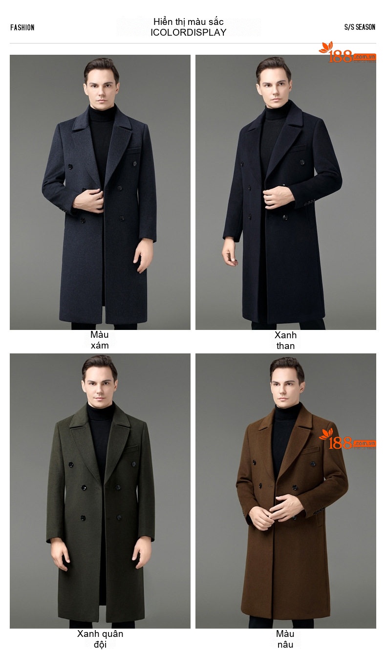 Áo Khoác Dạ Nam Dáng Dài Cổ chữ Vest Lông Cừu Màu Đen, Nâu, Xanh Navy, Xanh Rêu chi tiết 10