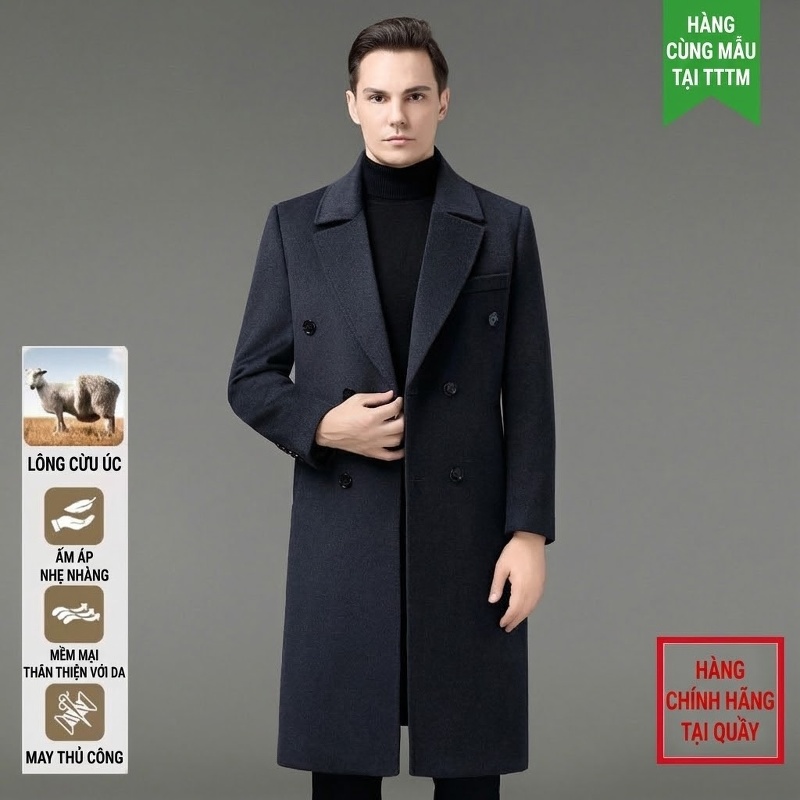 Áo Khoác Dạ Nam Dáng Dài Cổ chữ Vest Lông Cừu Màu Đen, Nâu, Xanh Navy, Xanh Rêu