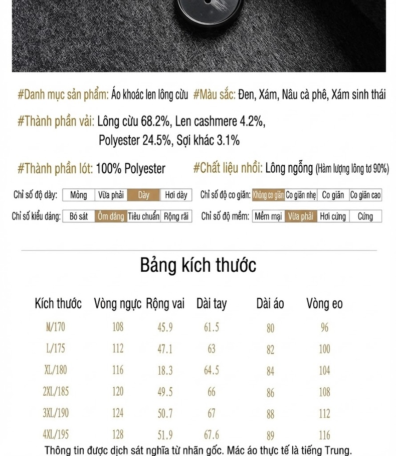 Áo Khoác Dạ Nam Dáng Dài Cổ chữ Vest Lót Lông Vũ Tháo Rời Màu Nâu, Đen, Xám chi tiết 12