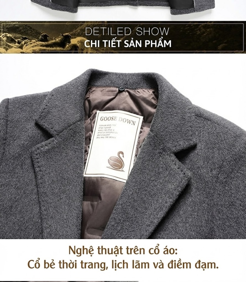 Áo Khoác Dạ Nam Dáng Dài Cổ chữ Vest Lót Lông Vũ Tháo Rời Màu Nâu, Đen, Xám chi tiết 19