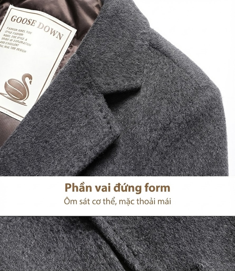 Áo Khoác Dạ Nam Dáng Dài Cổ chữ Vest Lót Lông Vũ Tháo Rời Màu Nâu, Đen, Xám chi tiết 20