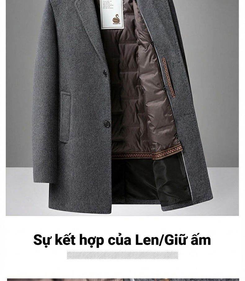 Áo Khoác Dạ Nam Dáng Dài Cổ chữ Vest Lót Lông Vũ Tháo Rời Màu Nâu, Đen, Xám chi tiết 10
