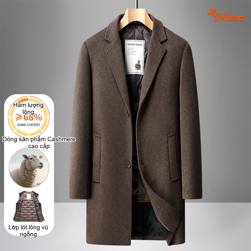 Áo Khoác Dạ Nam Dáng Dài Cổ chữ Vest Lót Lông Vũ Tháo Rời Màu Nâu, Đen, Xám