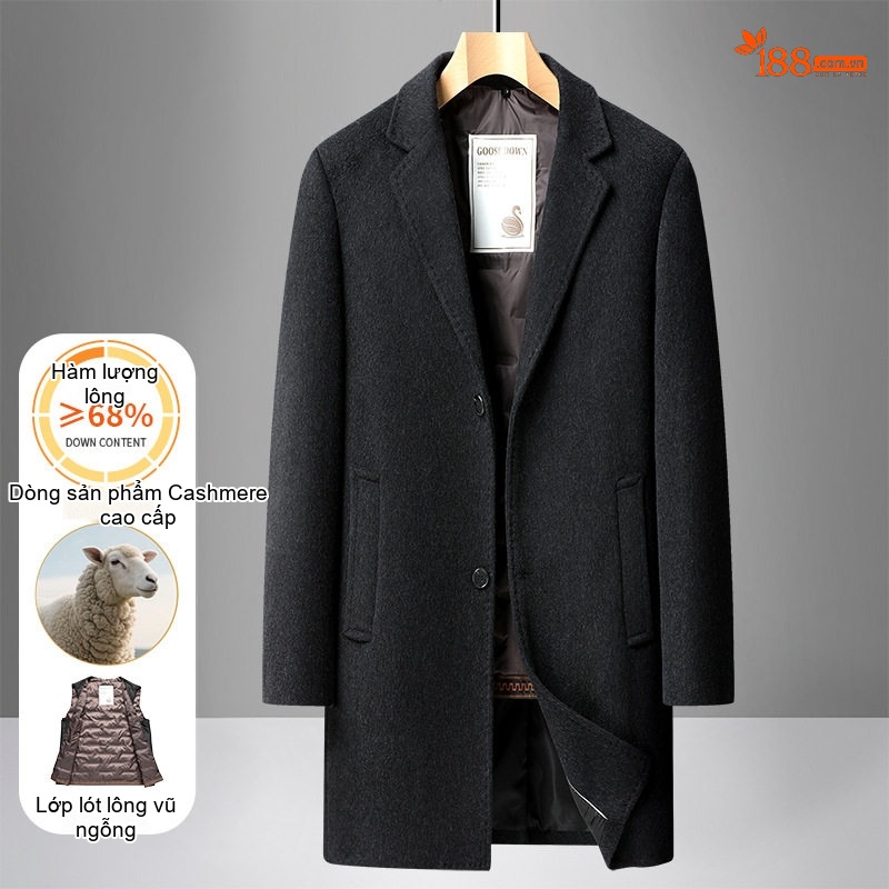 Áo Khoác Dạ Nam Dáng Dài Cổ chữ Vest Lót Lông Vũ Tháo Rời Màu Nâu, Đen, Xám