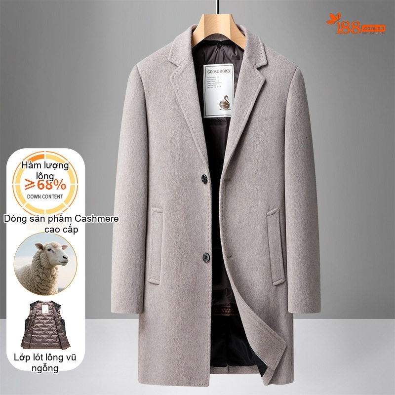 Áo Khoác Dạ Nam Dáng Dài Cổ chữ Vest Lót Lông Vũ Tháo Rời Màu Nâu, Đen, Xám