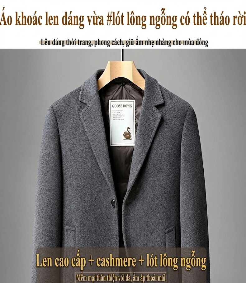 Áo Khoác Dạ Nam Dáng Dài Cổ chữ Vest Lót Lông Vũ Tháo Rời Màu Nâu, Đen, Xám chi tiết 2