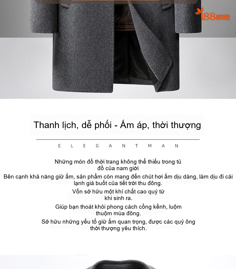Áo Khoác Dạ Nam Dáng Dài Cổ chữ Vest Lót Lông Vũ Tháo Rời Màu Nâu, Đen, Xám chi tiết 3