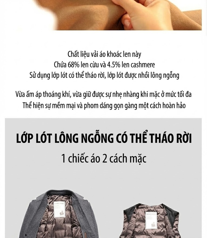 Áo Khoác Dạ Nam Dáng Dài Cổ chữ Vest Lót Lông Vũ Tháo Rời Màu Nâu, Đen, Xám chi tiết 9
