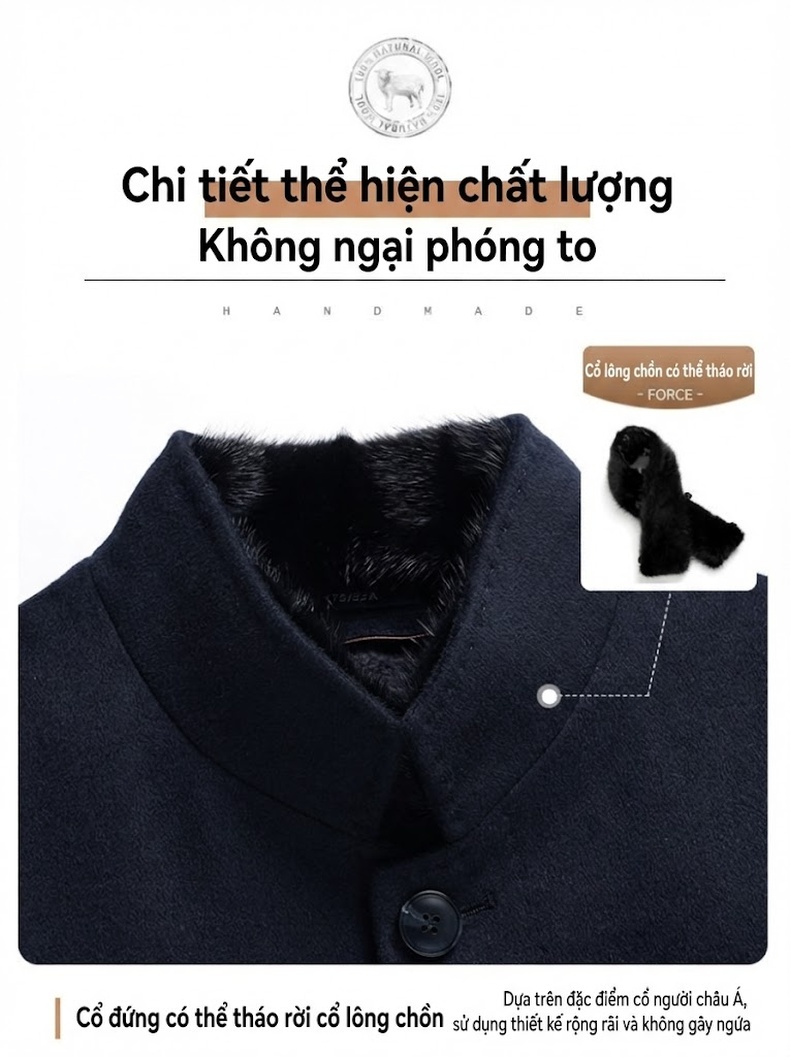 Áo Khoác Dạ Nam Dáng Dài Cổ Lông Chồn Lót Lông Thỏ Pha Lông Dê, Len Lông Cừu, Tơ Tằm Màu Xanh Navy chi tiết 10