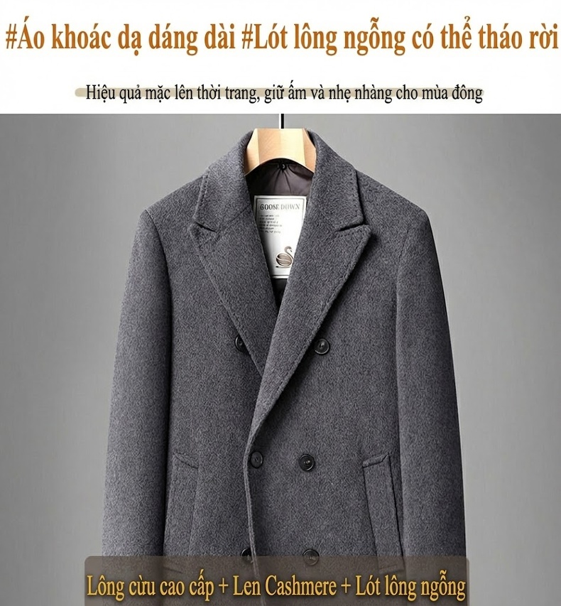 Áo Khoác Dạ Nam Dáng Dài Có Lớp Lót Lông Vũ Tháo Rời Màu Đen, Xám, Nâu chi tiết 2