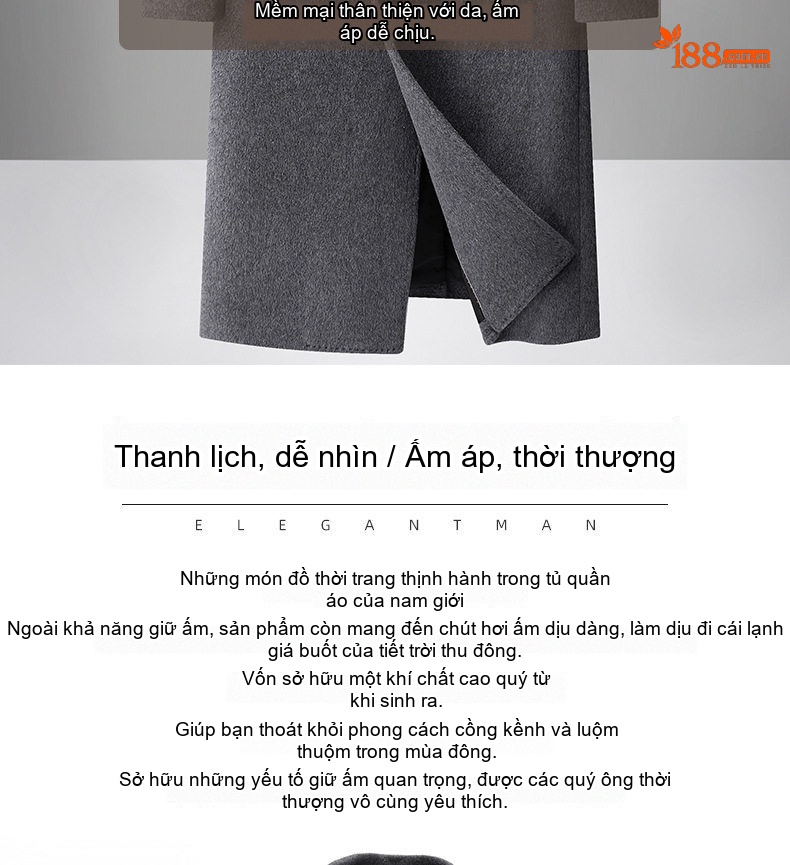 Áo Khoác Dạ Nam Dáng Dài Có Lớp Lót Lông Vũ Tháo Rời Màu Đen, Xám, Nâu chi tiết 3