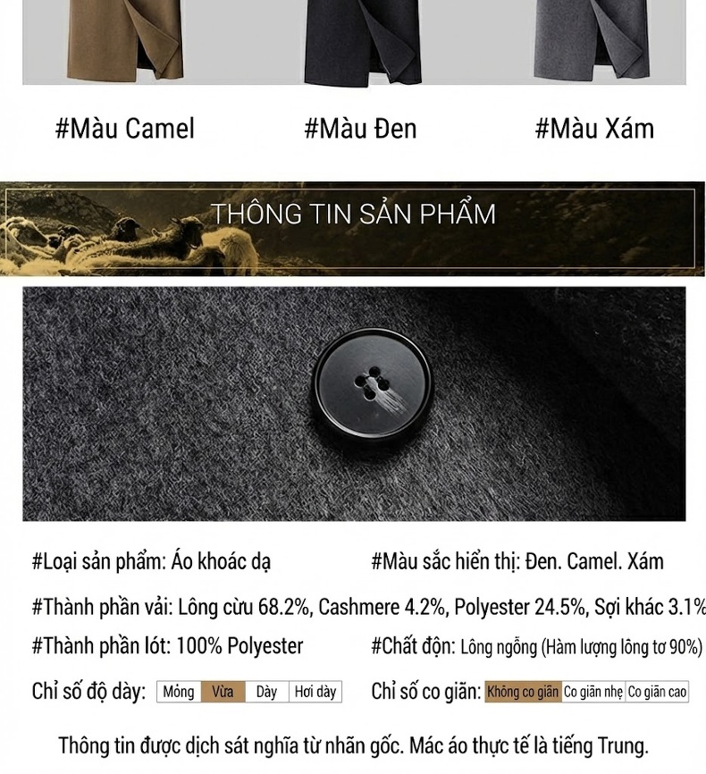Áo Khoác Dạ Nam Dáng Dài Có Lớp Lót Lông Vũ Tháo Rời Màu Đen, Xám, Nâu chi tiết 12