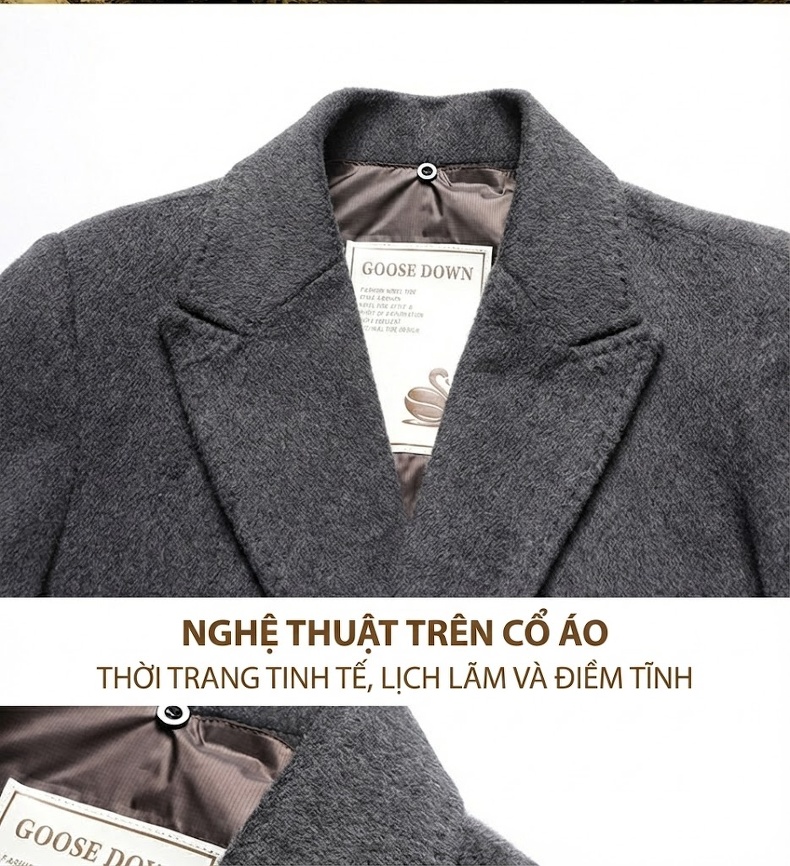 Áo Khoác Dạ Nam Dáng Dài Có Lớp Lót Lông Vũ Tháo Rời Màu Đen, Xám, Nâu chi tiết 19